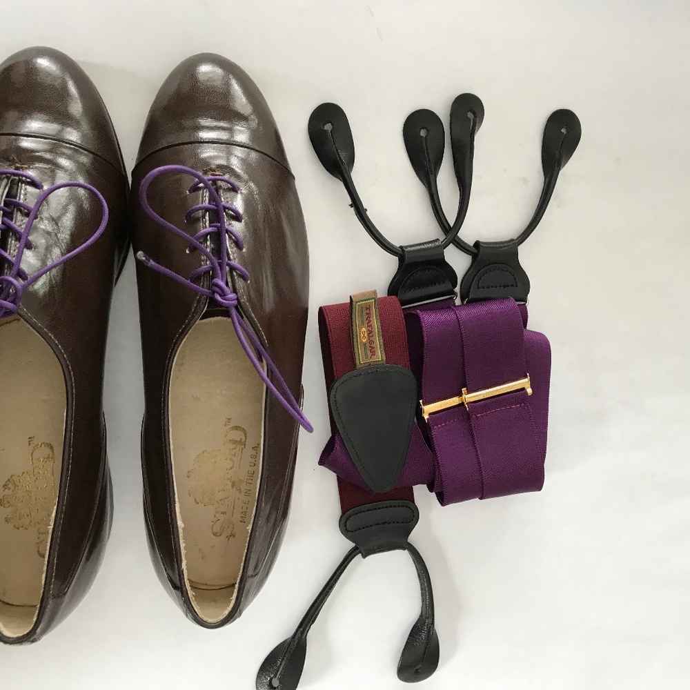 Vintage shoes new laces, plus vintage suspenders in violet to match new laces!